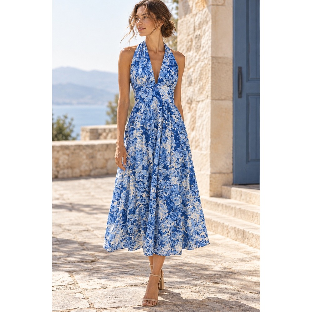 Zara Dress L Blue Cotton Floral Halter V-Neck Maxi Boho Cottagecore Sun Dress